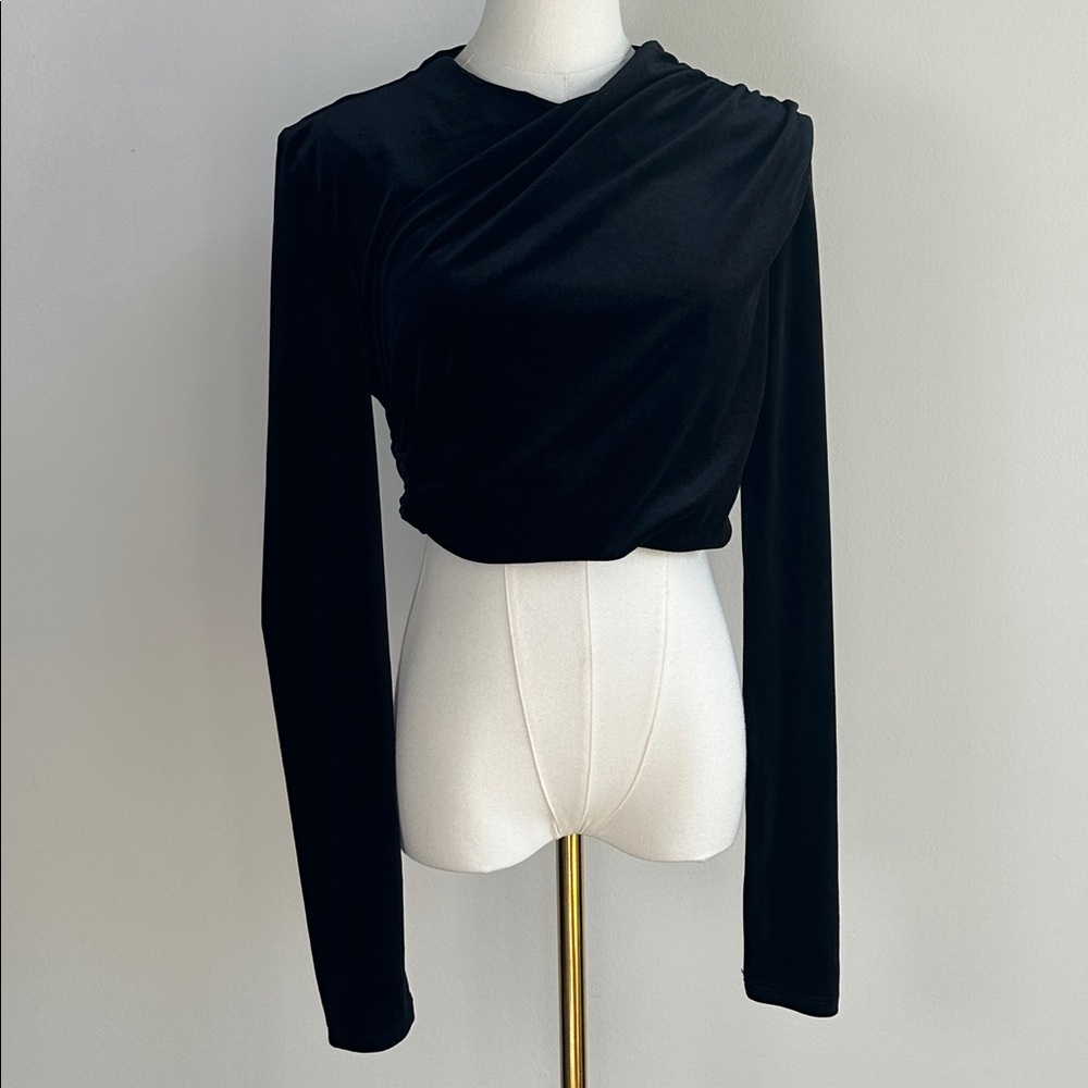 Zara Womens Dark Romantic Velour‎ Crop Ruched Black Chic Top M Goth Going Out